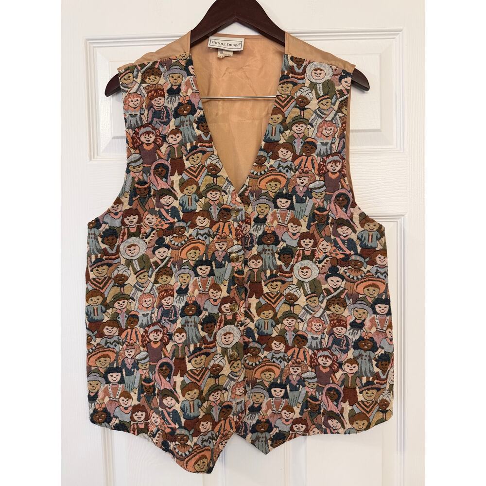 Vintage Fitting Image Children of the World Tapestry Brocade Vest Sz XL